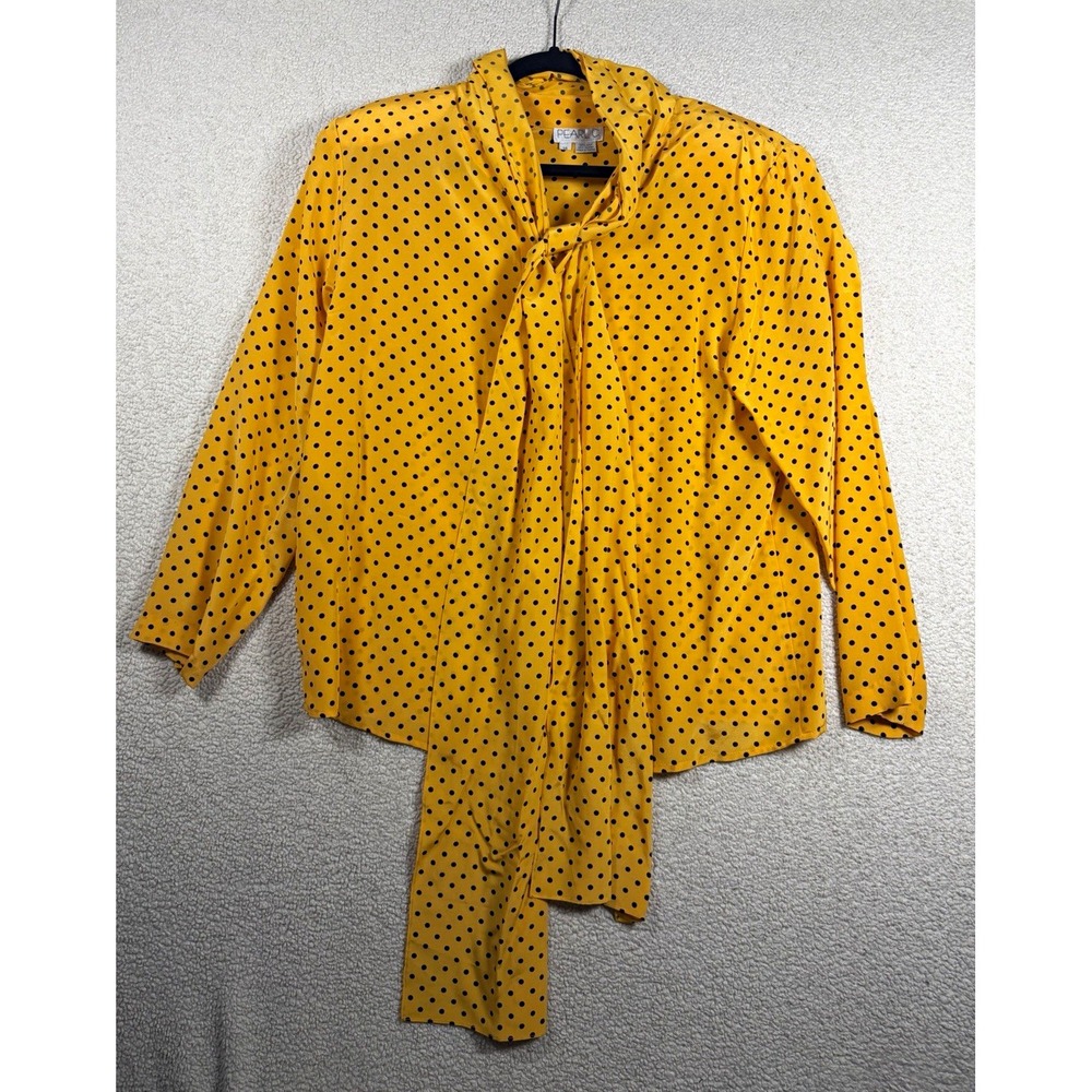 Pearl C Womens 14 Silk Blouse Yellow Black Polka Dot Tie Neck Korea Vintage